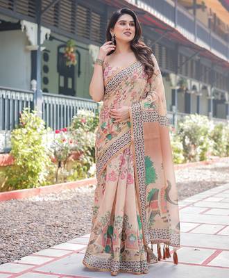 Designer floral print handloom cotton saree with tassel pallu & blouse 2