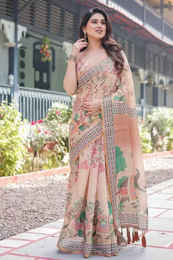 Designer floral print handloom cotton saree with tassel pallu & blouse