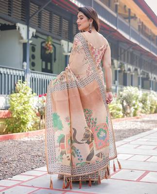 Designer floral print handloom cotton saree with tassel pallu & blouse 3