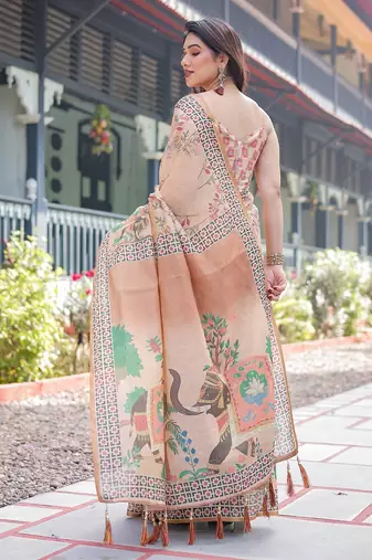 Designer floral print handloom cotton saree with tassel pallu & blouse