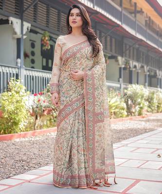 Cotton handloom saree with digital floral print and tassels     festive wear 1