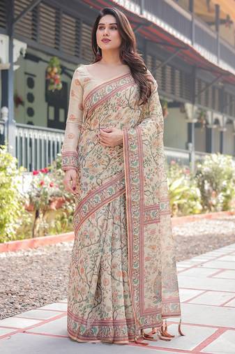 Cotton handloom saree with digital floral print and tassels     festive wear