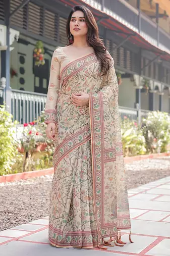 Cotton handloom saree with digital floral print and tassels – festive wear