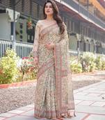 Cotton handloom saree with digital floral print and tassels     festive wear