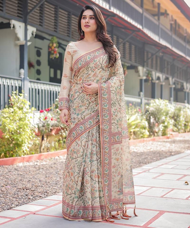 Cotton handloom saree with digital floral print and tassels     festive wear