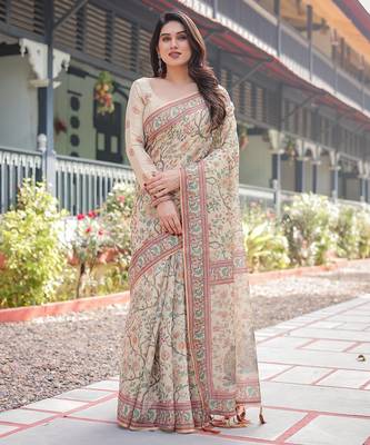 Cotton handloom saree with digital floral print and tassels     festive wear 2
