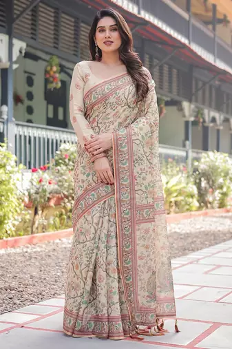Cotton handloom saree with digital floral print and tassels     festive wear