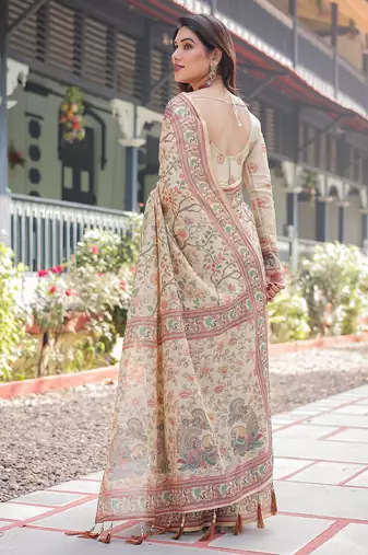 Cotton handloom saree with digital floral print and tassels     festive wear