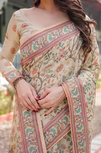 Cotton handloom saree with digital floral print and tassels     festive wear