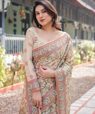 Cotton handloom saree with digital floral print and tassels     festive wear 5