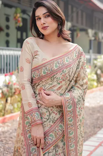 Cotton handloom saree with digital floral print and tassels     festive wear