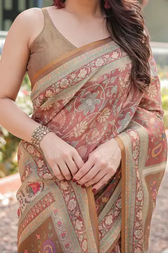Pastel floral handloom cotton saree with pallu tassels & blouse piece