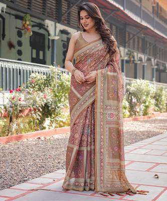 Pastel floral handloom cotton saree with pallu tassels & blouse piece 1