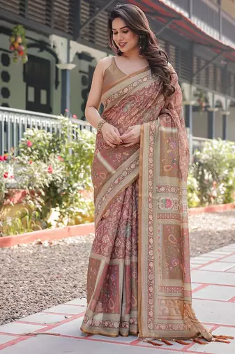 Pastel floral handloom cotton saree with pallu tassels & blouse piece