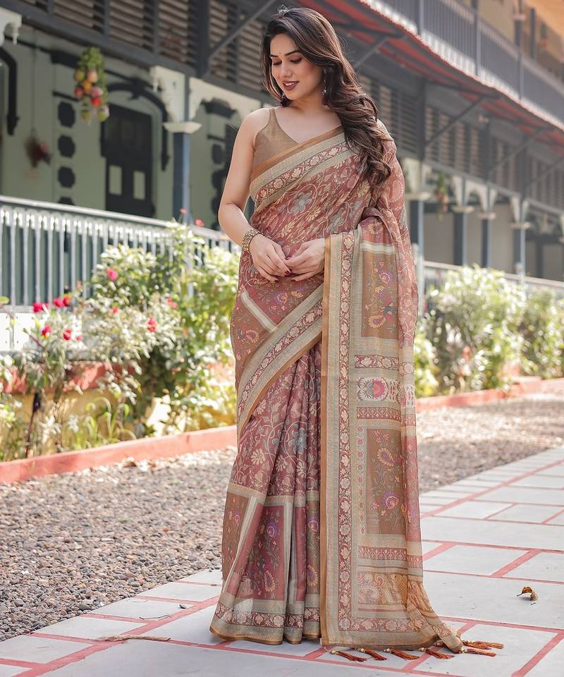 Pastel floral handloom cotton saree with pallu tassels & blouse piece