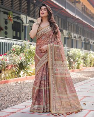 Pastel floral handloom cotton saree with pallu tassels & blouse piece 3