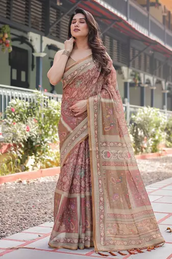 Pastel floral handloom cotton saree with pallu tassels & blouse piece