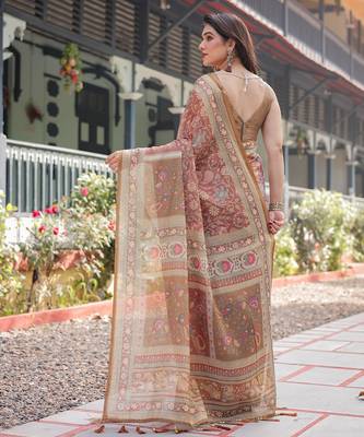 Pastel floral handloom cotton saree with pallu tassels & blouse piece 4