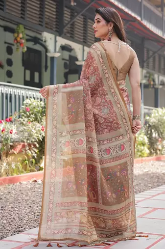 Pastel floral handloom cotton saree with pallu tassels & blouse piece