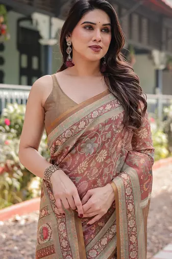 Pastel floral handloom cotton saree with pallu tassels & blouse piece