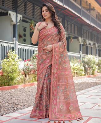Ethnic handloom cotton saree with colorful floral print and matching blouse 1