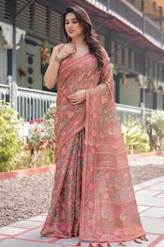 Ethnic handloom cotton saree with colorful floral print and matching blouse
