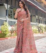 Ethnic handloom cotton saree with colorful floral print and matching blouse
