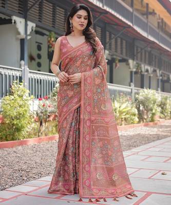 Ethnic handloom cotton saree with colorful floral print and matching blouse 2