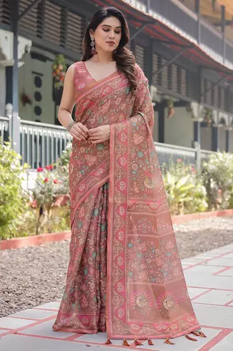 Ethnic handloom cotton saree with colorful floral print and matching blouse