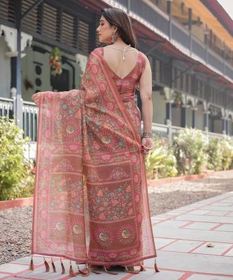 Ethnic handloom cotton saree with colorful floral print and matching blouse 3