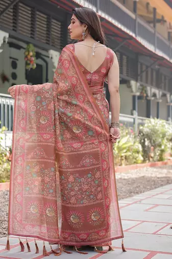 Ethnic handloom cotton saree with colorful floral print and matching blouse
