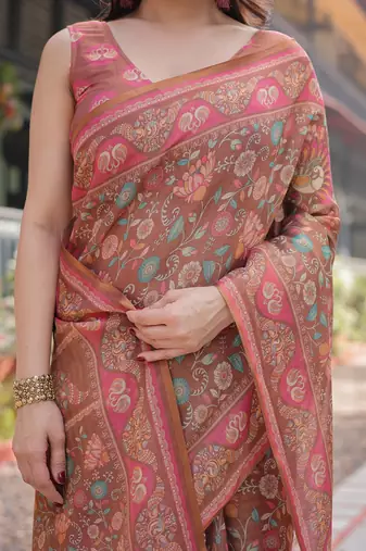 Ethnic handloom cotton saree with colorful floral print and matching blouse