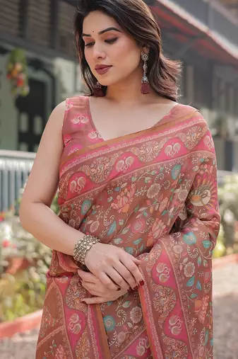 Ethnic handloom cotton saree with colorful floral print and matching blouse