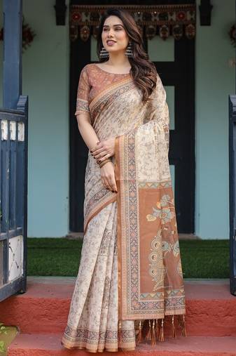 Cotton cotton blend handloom saree with floral motif and tassel border