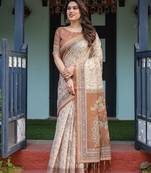 Cotton cotton blend handloom saree with floral motif and tassel border