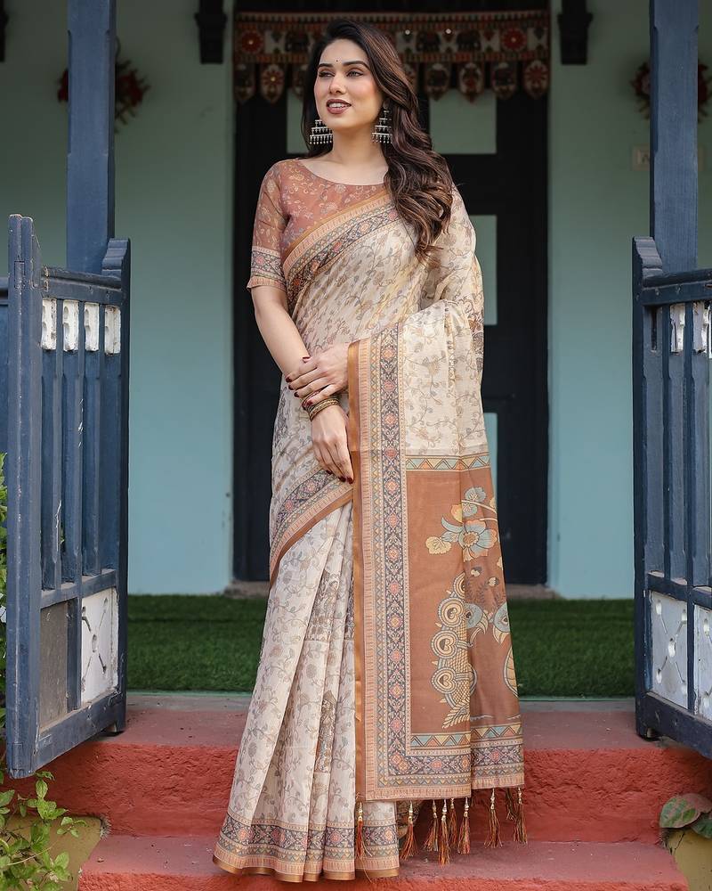 Cotton cotton blend handloom saree with floral motif and tassel border