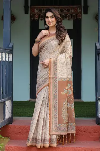 Cotton cotton blend handloom saree with floral motif and tassel border