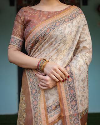 Cotton cotton blend handloom saree with floral motif and tassel border 3