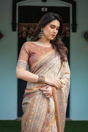 Cotton cotton blend handloom saree with floral motif and tassel border
