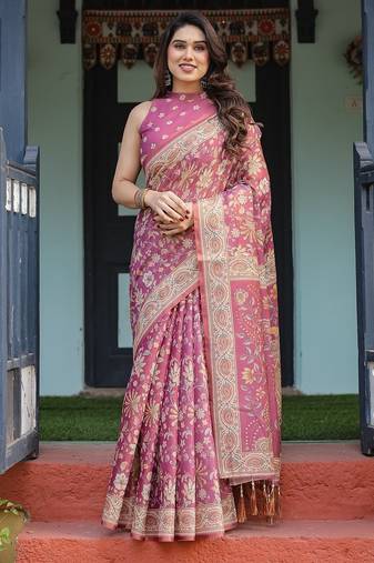 Women   s handloom cotton saree     floral printed with attached blouse & tassels