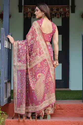 Women   s handloom cotton saree     floral printed with attached blouse & tassels