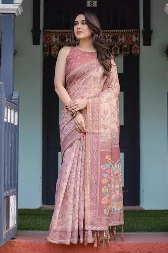 Premium floral print handloom cotton saree with pallu tassels – 5.5m