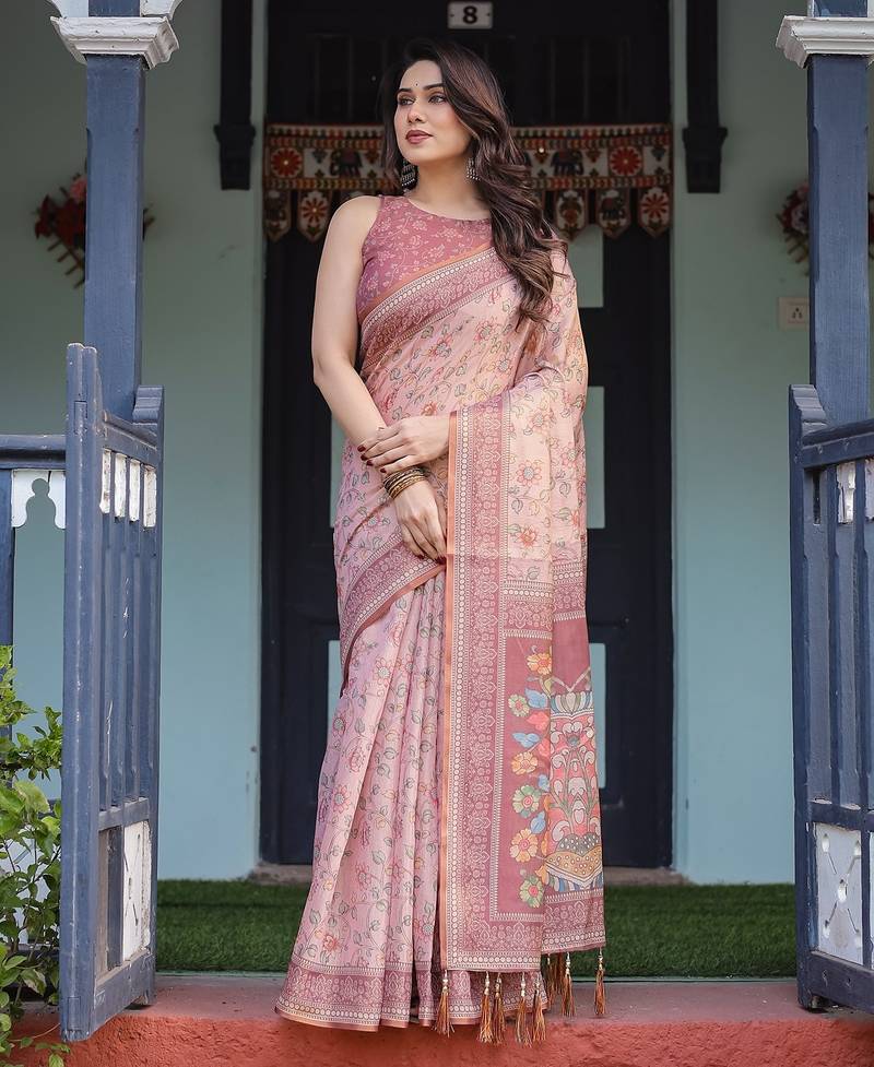 Premium floral print handloom cotton saree with pallu tassels     5.5m