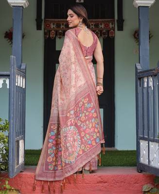 Premium floral print handloom cotton saree with pallu tassels     5.5m 2