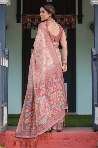 Premium floral print handloom cotton saree with pallu tassels     5.5m