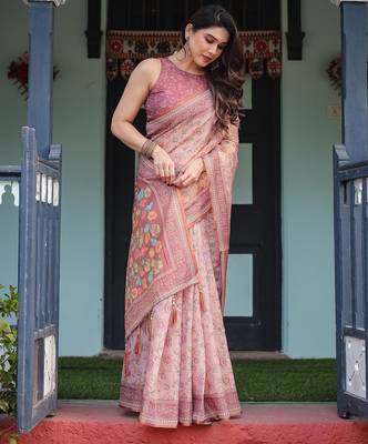Premium floral print handloom cotton saree with pallu tassels     5.5m 3