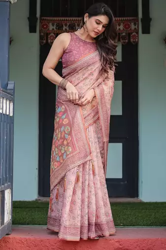 Premium floral print handloom cotton saree with pallu tassels     5.5m