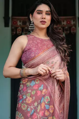 Premium floral print handloom cotton saree with pallu tassels     5.5m