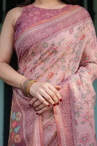Premium floral print handloom cotton saree with pallu tassels     5.5m