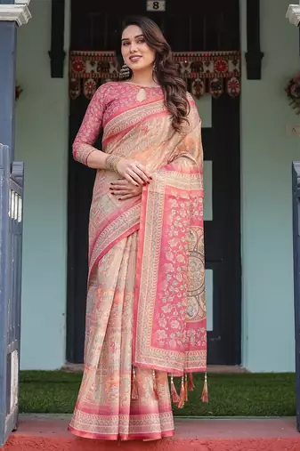 Printed handloom cotton saree for women with floral design and tassels